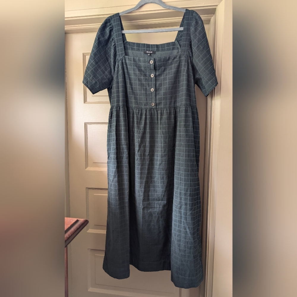 Madewell Corduroy Square Neck Midi Dress Dark Palm Green Plaid Size Large